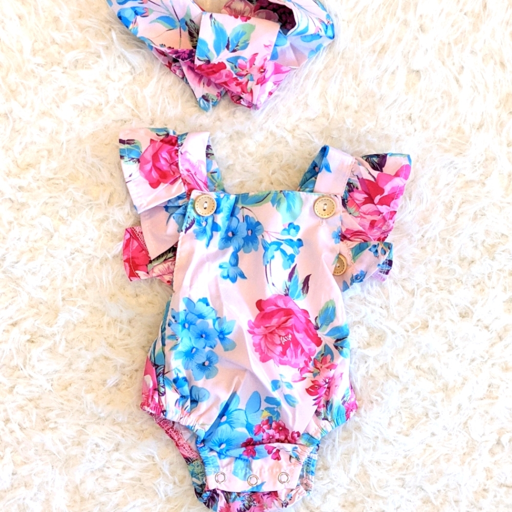 Chuya new floral 3-6mo. Romper w/head wrap